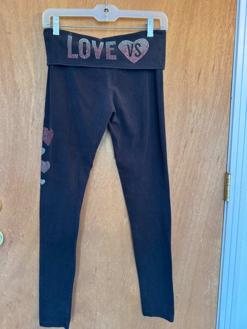 Victoria's Secret Black Foldover Waist Leggings with Pink Heart & LOVE Detail